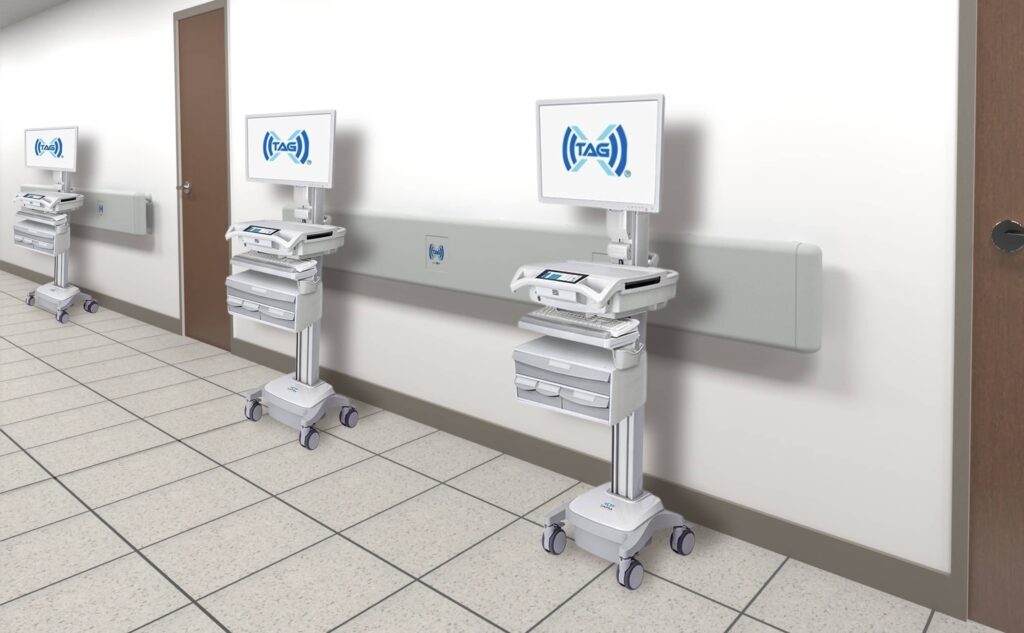 TAG-X® Smart Rail wirelessly powers mobile carts, workstations, and equipment for Nursing and Clinicians